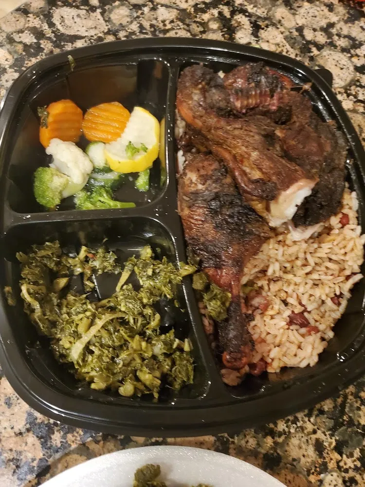 Jerk Chicken Callaloo Mixed Vegetables Rice and Peas